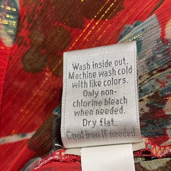 Lauren Conrad Size L Floral Print Boho Blouse Red & Gold Sheer Pleated - Picture 7 of 8